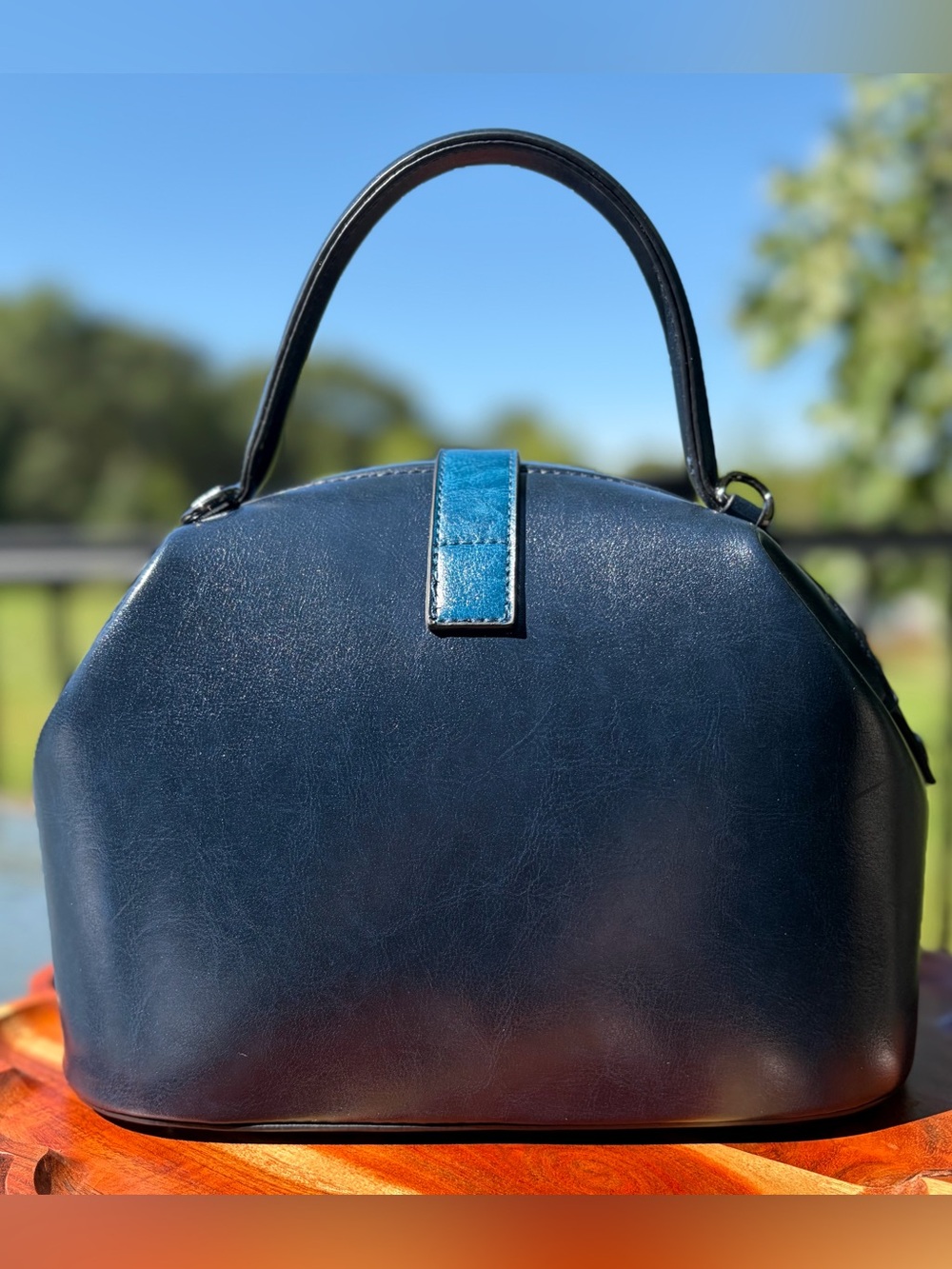 Doctor Bag Vintage-Style Blue Vegan Leather Top Handle Purse & Wallet Set - Picture 7 of 13